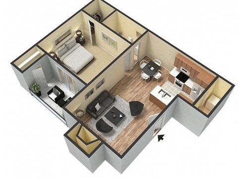 3d floor plan of a home with a bedroom and living room